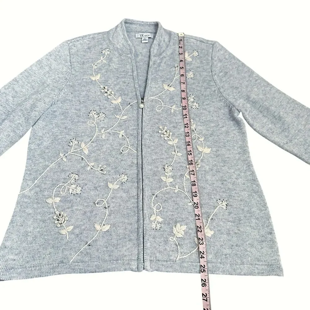 The Tog Shop Gray Floral Embroidered Zip Cardigan Pearl Pull L Cottagecore